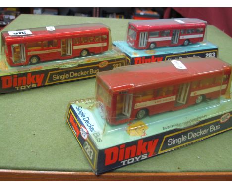 Dinky Toys - Three bubble 283 single decker buses, "Red Arrow", appear all fine, bubbles poor.