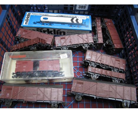 Eleven Items of "00" Rolling Stock By Marklin, Fleischmann, etc mostly box wagons and one tanker. Condition Fair.