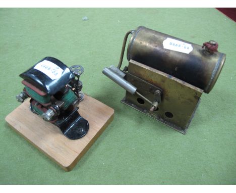 An Unnamed "Foreign" Stationery Steam Engine, missing burner, with an unmarked dynamo on wooden base.
