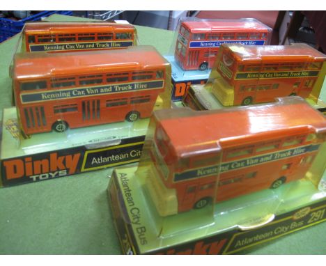 Five Dinky '291' Atlantean City Bus, all red liveries, four white, one blue, engine cover slight paint chips, bubbles good-po