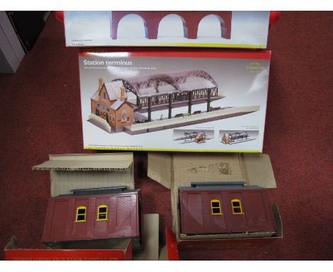 Four 'OO' Gauge/4mm Tri-ang, Hornby Boxed Items,  two Ref No, R76 Engine Sheds, a Ref R180 Viaduct, plus a Ref No, R8009 Stat