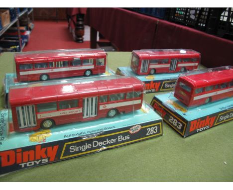 Four Dinky '283' Single Decker Buses, red liveries, 'Red Arrow' branding, bubbles fair.