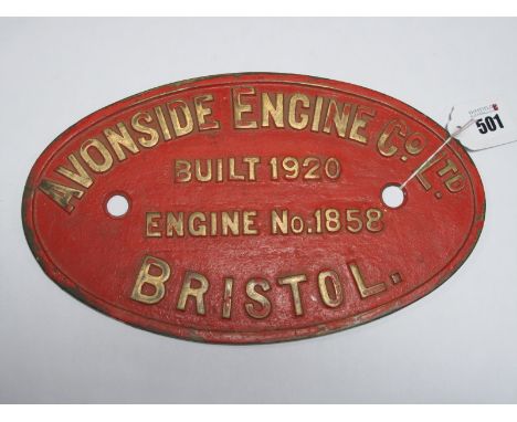 Avonside Engine Co. Ltd Works Plate Engine No. 1858, built 1920, Bristol, brass letters showing through paint.