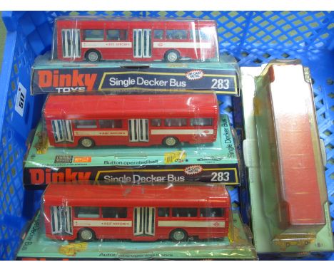 Four Dinky '283' Single Decker Buses, red liveries, 'Red Arrow' branding, bubbles poor/fair.