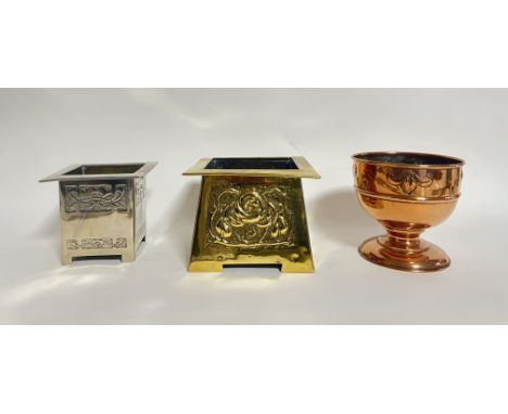 A collection of planters comprising, a brass Glasgow style planter embossed with roses (h. 14cm), together with an Arts and C