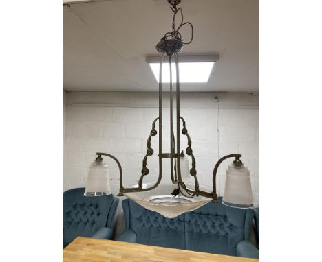 1920s Art Deco three branch pendant light with opaque glass shades above a circular stepped glass bowl, 72cm x 64cm 
