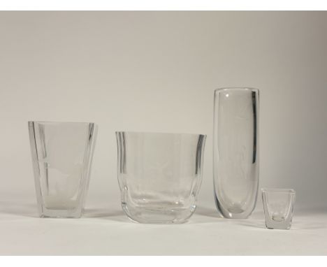 A collection of four Orrefors Swedish etched glass comprising, an etched three birds at flight crystal glass vase (dated 1960