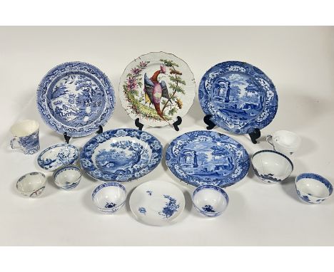 A collection of blue and white comprising, Chinese export ware blue and white bowls (a/f cracks), a polychrome English tea bo