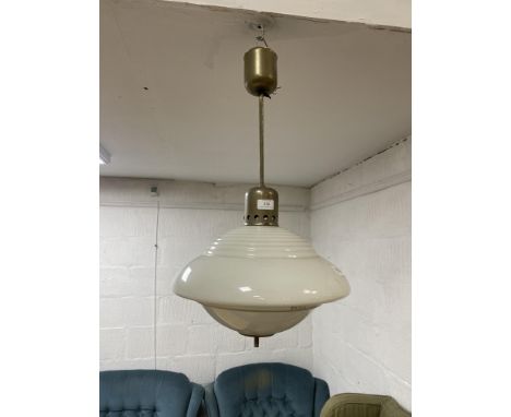 Mid century opaline milk glass pendant light, with a stepped glass circular shade on a chrome column, 68cm high 