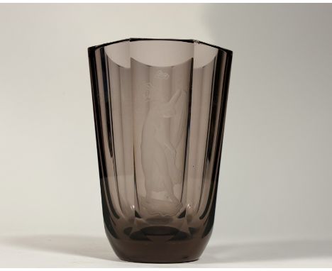 An Orrefors by Vicke Lindstrand etched smoked glass vase of a dancing nude female figure. (chip to rim) (signed verso) (h-19c
