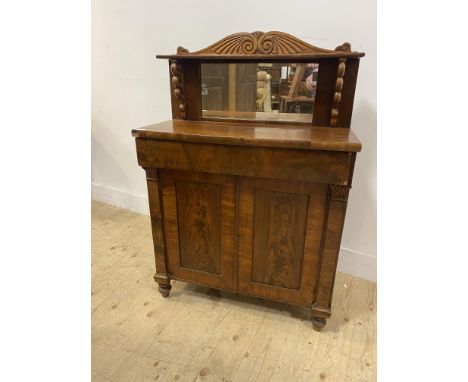 Victorian mahogany chiffonier, with a raised mirror back with a shelf above on ornate supports above a frieze drawer and a pa