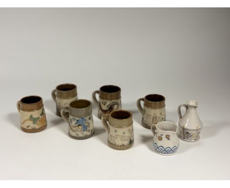 A set of six Micheal Mosse Llanbrynmair salt glazed pottery coffee mugs each with various mythalogical scenes to centre (tall