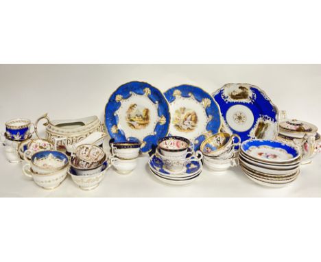 A collection of blue and floral ware comprising, three blue on white Spode display plates decorated with Tintern Abbey, Warwi