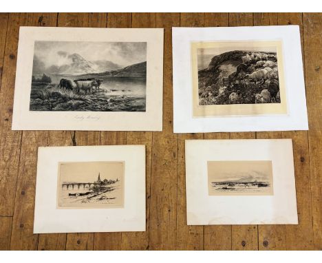 A collection of various loose works comprising, David Young Cameron, Perth Bridge, drypoint etching (19.5cmx28cm), David Youn