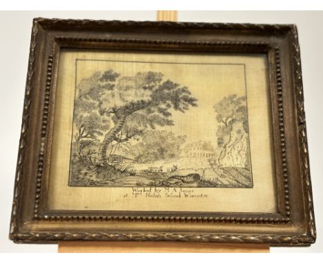 A pair of early 19thc sewn works panels depicting Helms School Worcester with figures and cottage, in original gilt compositi