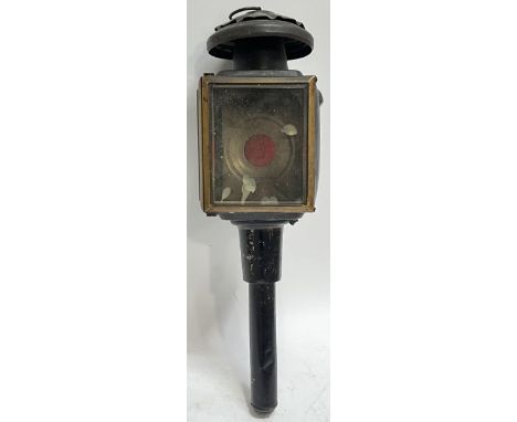A vintage brass and sheet metal black patinated carriage lantern/lamp with bevelled glass (l- 47cm)