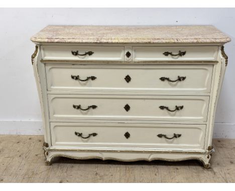 A late 19thc French painted and giltwood oak commode with original pink and cream marble top (h.98cm x 130cm x w.52cm)