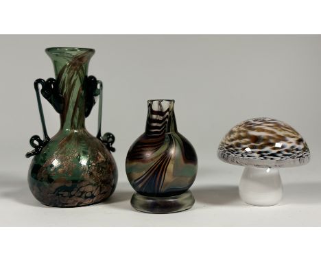 A collection of decorative glassware comprising, an iridescent vase (signed and dated 1973 verso), a green glass twin handled