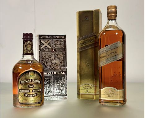 A 1litre bottle of Jonnie Walker Gold label 18 year old blended Scotch whisky with original box and a bottle of Chivas Regal 