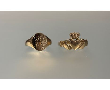 A 9ct gold signet style ring with engraved initials M.B: Q/R 2.5g and an Irish 9ct gold Clddagh ring: W 4g (2)