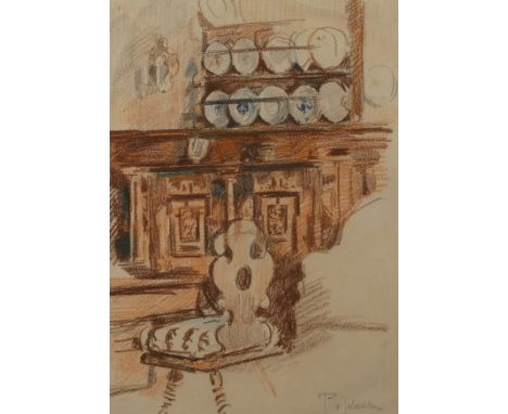 Freiin Paula von Wächter, "In Schloß Warthausen"Blick in herrschaftliches Schlossinterieur mit barockem Stuhl, Anrichte und T