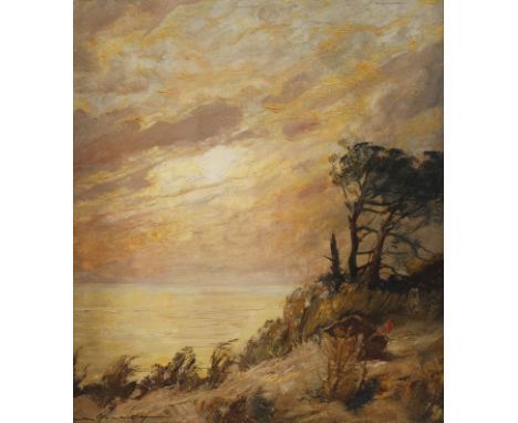 Hans Münnich, attr. Abend am OstseestrandBlick von hoher Düne mit Windflüchter zur über dem Meer untergehenden Sonne, stimmun