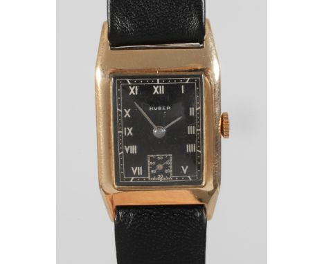 Armbanduhr Huber GoldSchweiz, 1940er Jahre, Gehäuse in Rotgold gestempelt 14 k, 585/1000, Werk mit Handaufzug und Genfer Stre