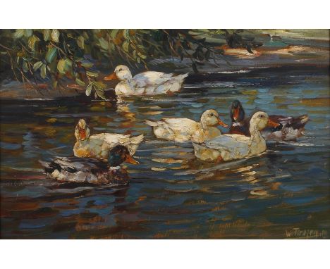 Willy Tiedjen, Am EntenteichBlick auf sechs sich im Wasser tummelnde Enten mit leuchtendem Gefieder, pastose Tiermalerei, Öl 