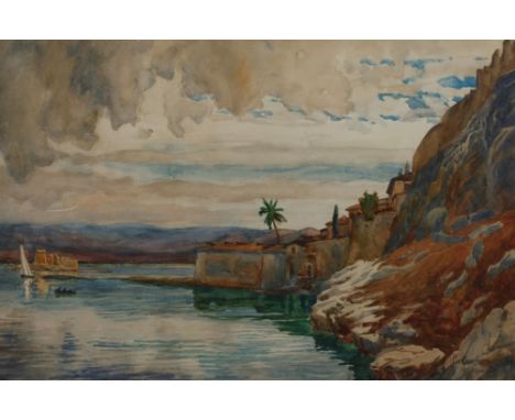 Prof. Carl Langhammer, An der FelsküsteDorf an steil abfallender Küste unter locker bewölktem Himmel, Aquarell, rechts unten 