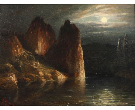K. Wenzel, See im Mondscheinnächtlicher Blick auf einen zwischen steilen Felsen gelegener See im Licht des Mondes, leicht pas