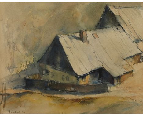 Ernst Hecker, "Crandorfer Häuser"freistehendes erzgebirgisches Bauernhaus mit Scheune im hellen Sonnenlicht, Aquarell über Gr