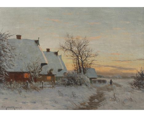 Prof. Paul Müller-Kaempff, Winterabendabendlicher Blick auf tief verschneite, reetgedeckte Fischerkaten am Meer im Sonnenunte