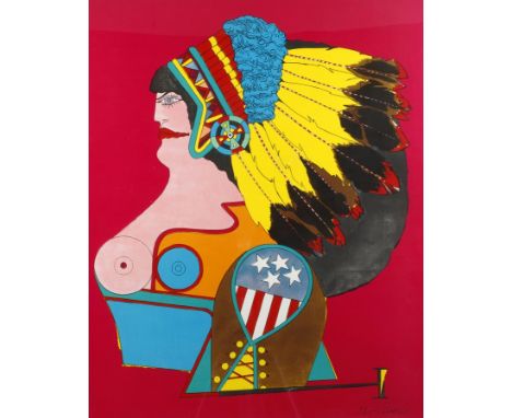 Richard Lindner, "Miss American Indian"abstrahiertes Portrait einer barbusigen Amerikanerin mit indianischer Federkrone, Pop 