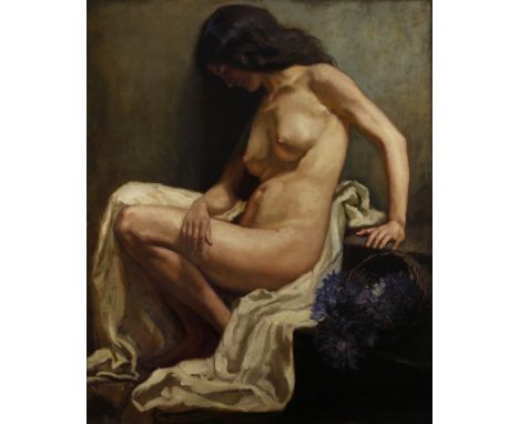 Prof. Ernst Liebermann, "Frauenakt mit blauen Astern"auf einem weißen Tuch auf einer Treppe sitzende junge nackte Frau mit la
