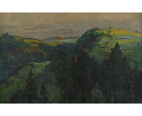 Karl Friedrich Lippmann, MittelgebirgslandschaftBlick von einem Hügel über Tannen hinweg in ein Tal mit Wiesen und Wäldern, w
