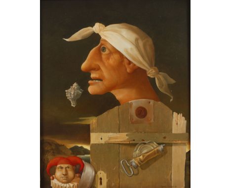 Hans Reiser, "Zwei Köpfe vor Landschaft" skurrile Komposition aus männlichem Portrait mit Kopftuch im Profil hinter Holztüre,