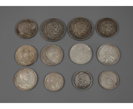 Konvolut Silbermünzen Kaiserreichdarunter zweimal 5 Reichsmark Preußen Wilhelm II. 1895 ss; 1907 ss++; sechsmal 3 Reichsmark 