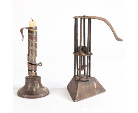 the railway lamp with removable reservoir, 18.5cm high, the 19th century "rat de cave" candlestick with carrying handle and w