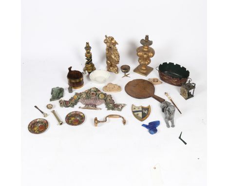 to include a lantern clock movement, a small oak and brass bound bucket, a lead Sphinx, a 19th century oak board, giltwood la