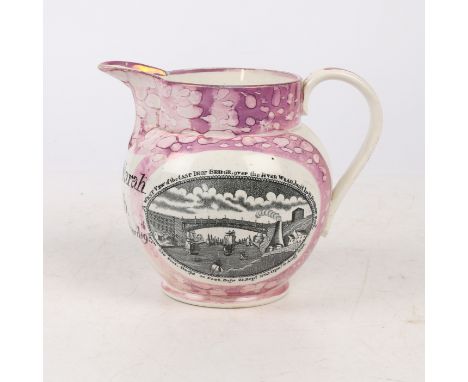 of typical form, with a pink lustre glaze with a panel depicting "A West View of the Cast Iron Bridge over the River Wear Bui