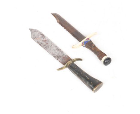 The bowie knife with a horn grip and steel blade, brass fittings, 36cm long, the second knife with a steel blade, leather gri