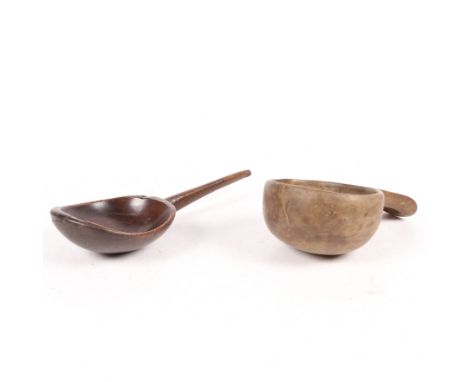 the cawl ladle with offset tapering handle and dished oval bowl, 26cm long, the Swedish dipping ladle with pierced handle and