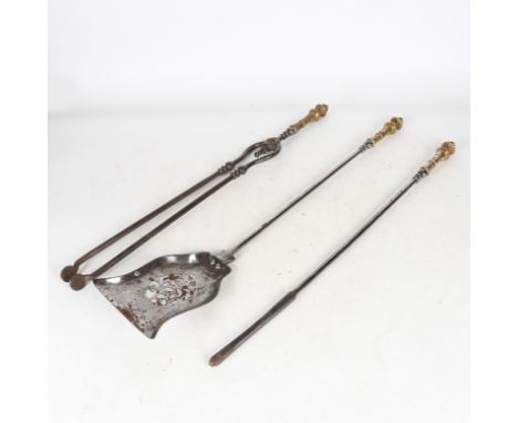 consisting of ember tongs, shovel and poker, all with gadrooned and arch cast handles above steel lower sections, the shovel 