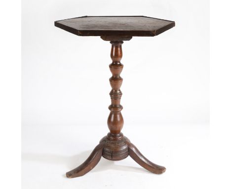 the hexagonal top raised on a turned stem and tripod legs. 39cm wide, 57cm high.