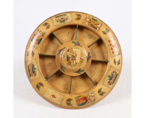 The wheel with hand painted and printed playing cards, with Intrigue, Game, Matrimony sections, central lidded compartment an