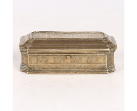 of casket form, having a leafy scroll incised top above a button release latch, 12.5cm wide.