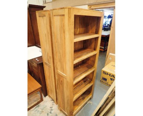 Pair of modern oak five shelf bookcases 74 x 34 x 178 cm H