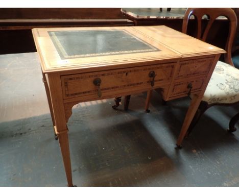 Sewing / writing table in light oak with leather inset single drawer and lift up stationary box 83 x 50 x 72 cm H