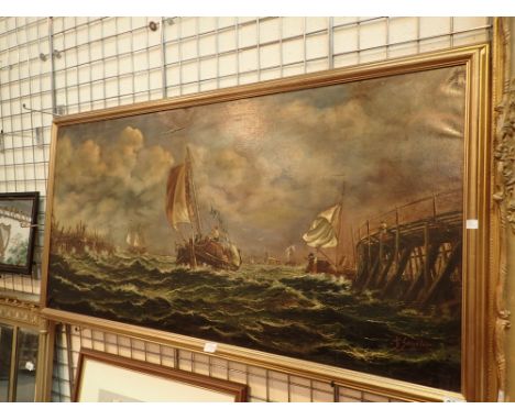 Large oil on canvas of a seascape scene signed F Sanchis 