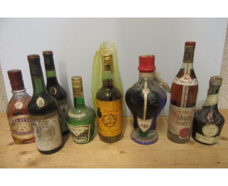 A quantity of liqueurs comprising 2 bottles 1967 Cordier, 1 bottle Glayva Scotch Liqueur, 1 50cl Kirch, 1 50cl DOM Benedictin